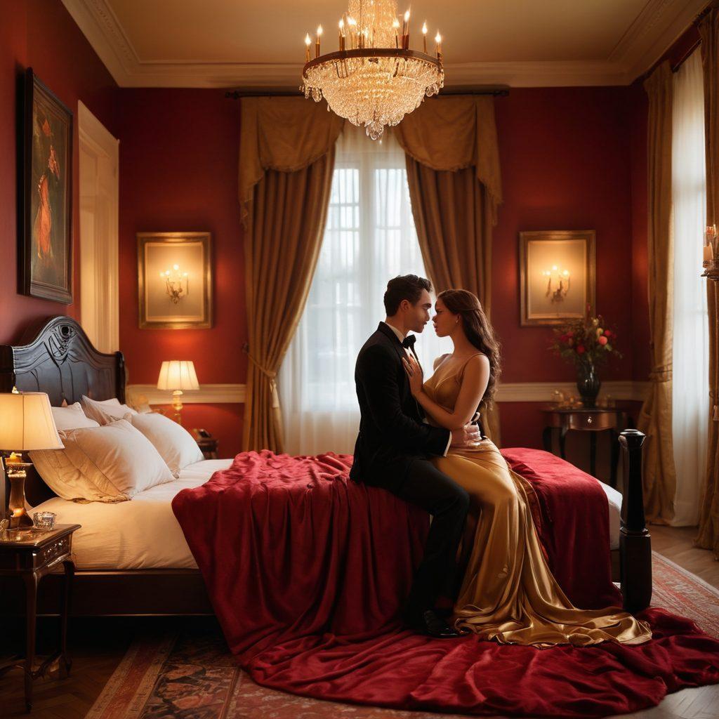 A sultry, artistic representation of a couple exploring their fantasies in a cozy, dimly lit room adorned with soft fabrics and candles, depicting a sense of intimacy and adventure. Elements like tantalizing shadows, alluring attire, and suggestive poses should evoke a sense of passion and connection. The background should be mildly blurred to enhance focus on the couple, reflecting a luxurious and inviting atmosphere. The color palette should incorporate deep reds, soft golds, and rich blacks to evoke warmth and intensity. super-realistic. vibrant colors. intimate ambiance.