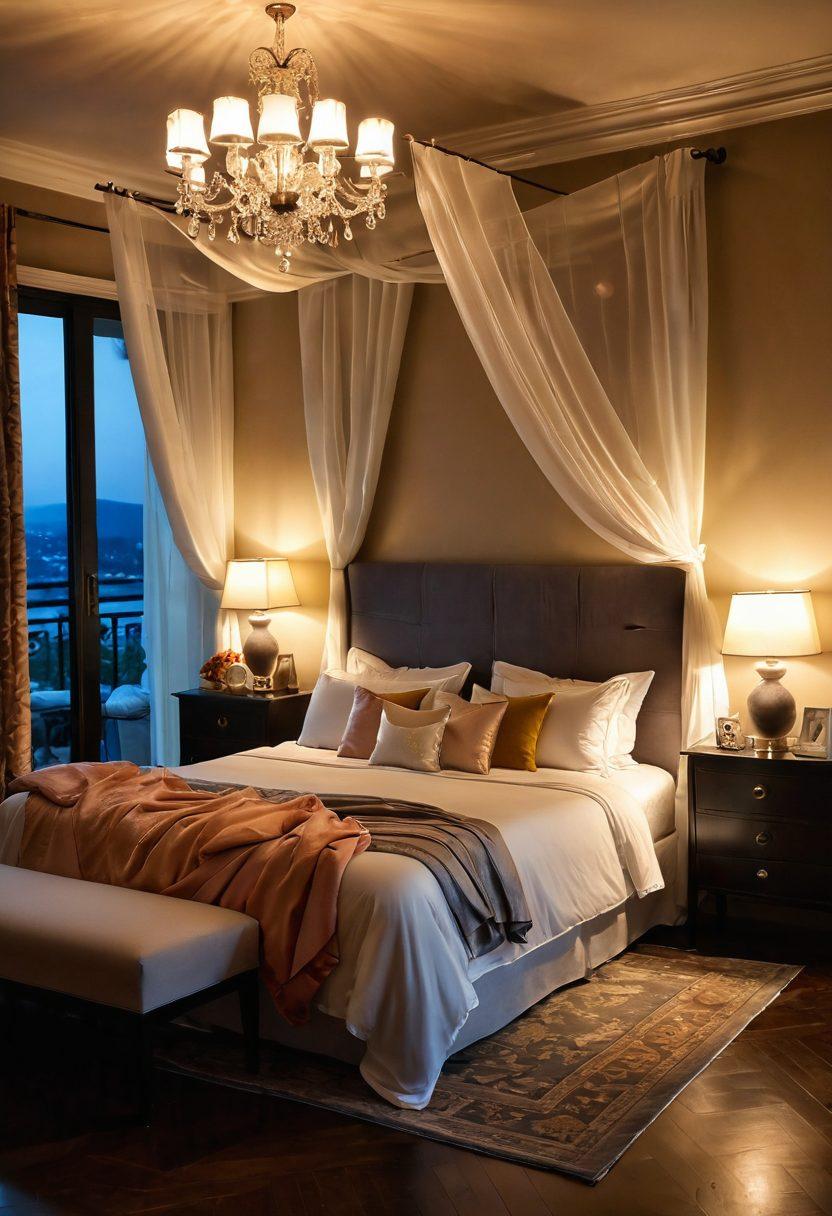 A captivating scene depicting a serene, alluring bedroom adorned with soft, sensual lighting and silk sheets, inviting exploration and intimacy. Subtle silhouettes of playful figures are intertwined, representing fantasies being unleashed in a tasteful manner. Elements like candles, plush cushions, and artful decor enhance the ambiance. Capture a sense of luxury and desire, while maintaining elegance. soft focus, vibrant colors, romantic atmosphere.